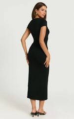 Elaine Midi Dress - Short Sleeve Slim Fit Bodycon Dress in Black