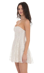 Gold Thread Strapless Fit and Flare Dress in Ivory