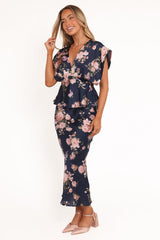 Kenna Satin Midi Skirt - Navy Floral