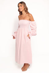 Domenica Shirred Long Sleeve Midi Dress - Pink