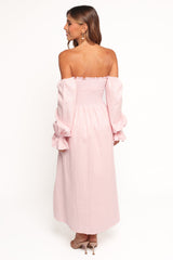 Domenica Shirred Long Sleeve Midi Dress - Pink