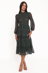 Edwina Shirred Frill Long Sleeve Midi Dress - Olive Floral