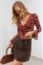 Aveline Chiffon Ruffle Front Top - Brown Floral