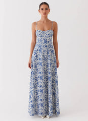Angelina Linen Maxi Dress - Blue Paisley