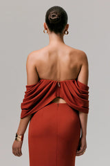 Talika | Terracotta Bardot Crop-Top With Draped Sleeves
