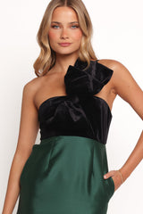Amelie Bow Front One Shoulder Midi Dress - Black/Emerald