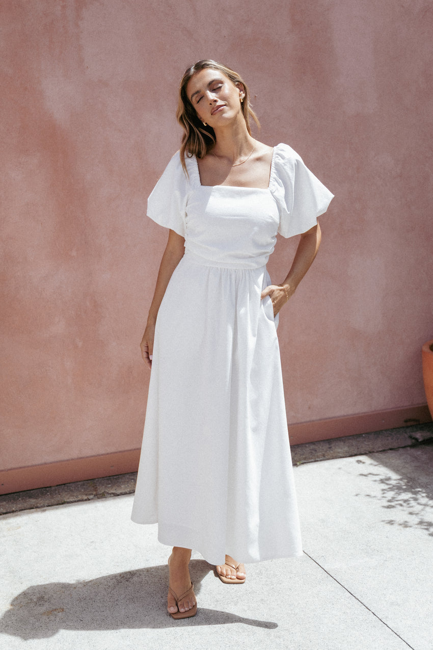 Clo Puff Sleeve Midi Dress - White