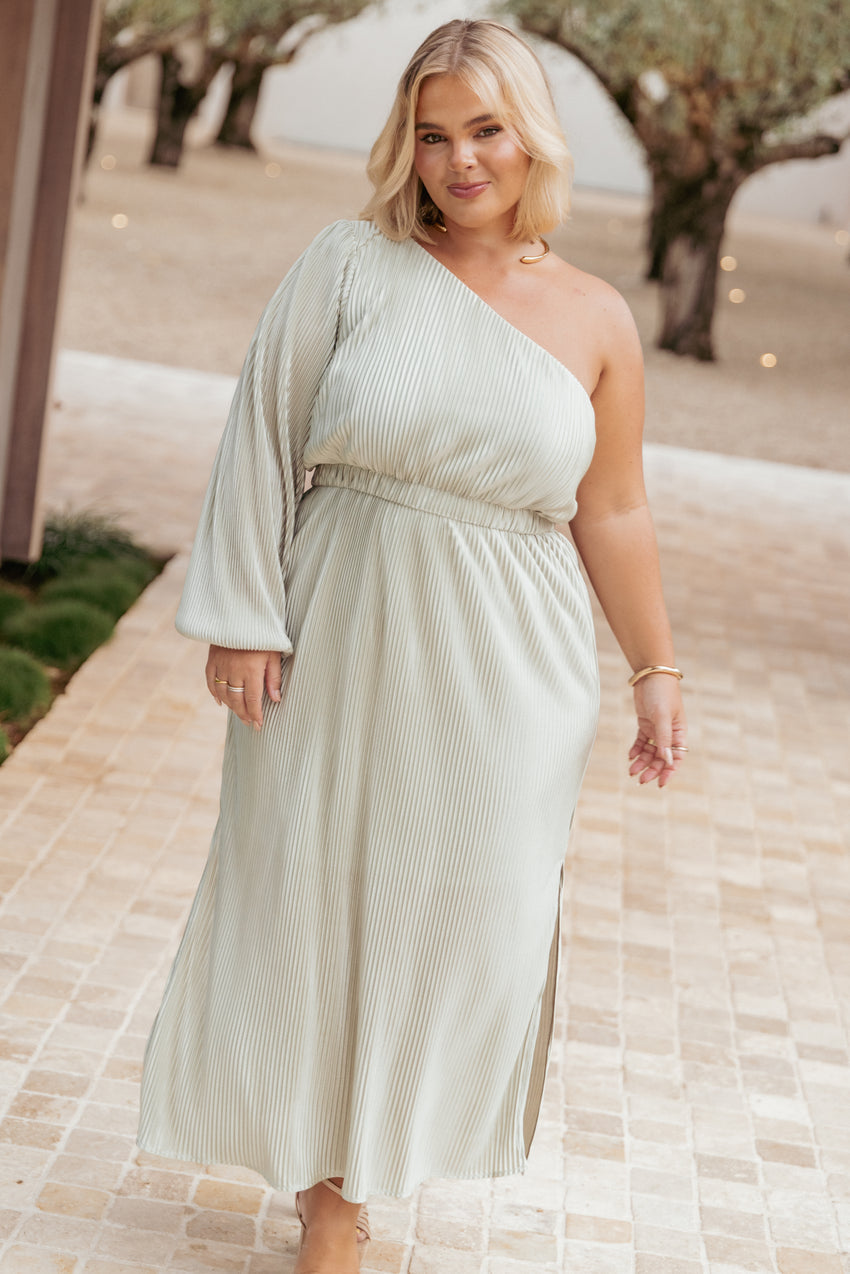 Pontee One Shoulder Pleated Midi Dress - Sage Green
