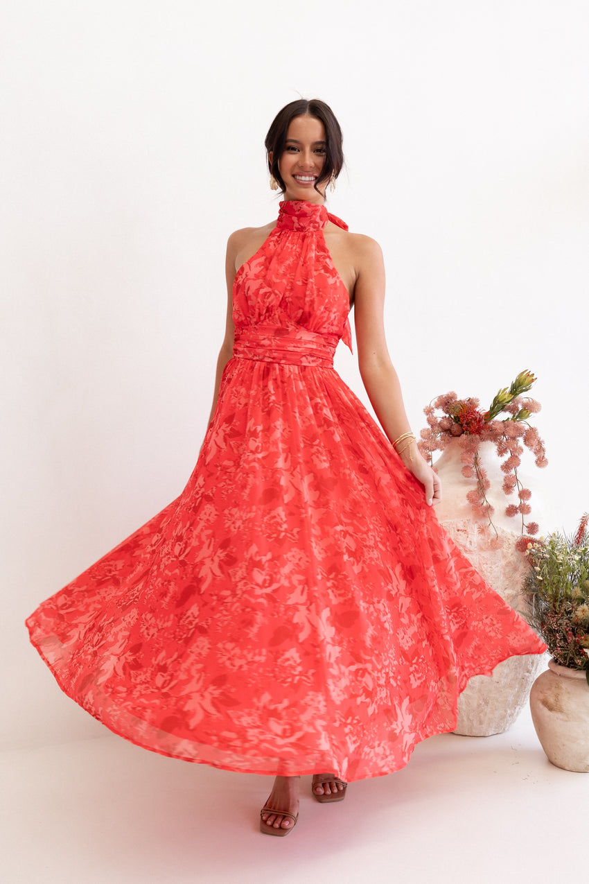 Primrose Halterneck Maxi Dress - Red Floral