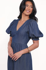 Steele Puff Sleeve Midi Dress - Dark Denim