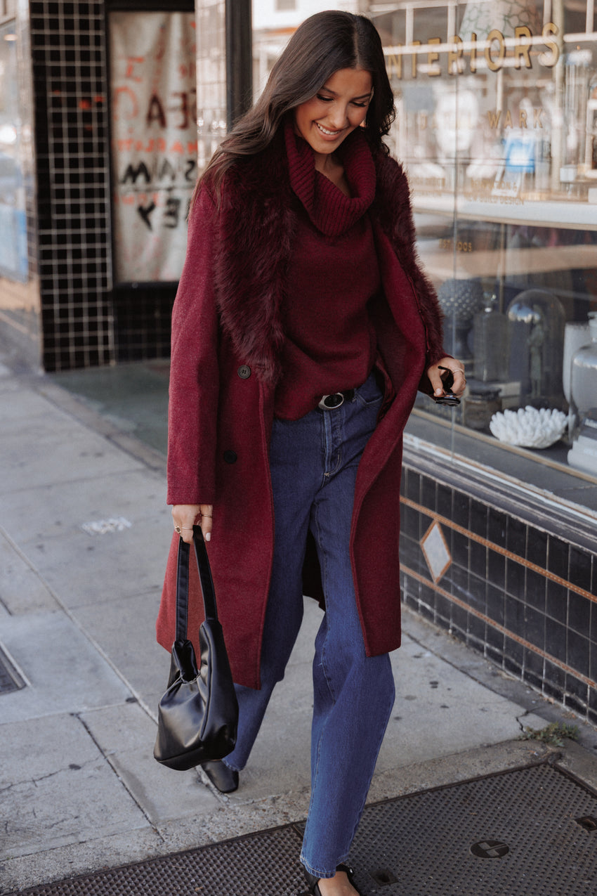 Nina Fur Collar Tie Waist Coat - Burgundy
