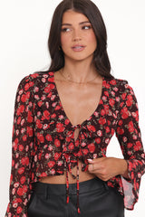 Aveline Chiffon Ruffle Front Top - Brown Floral